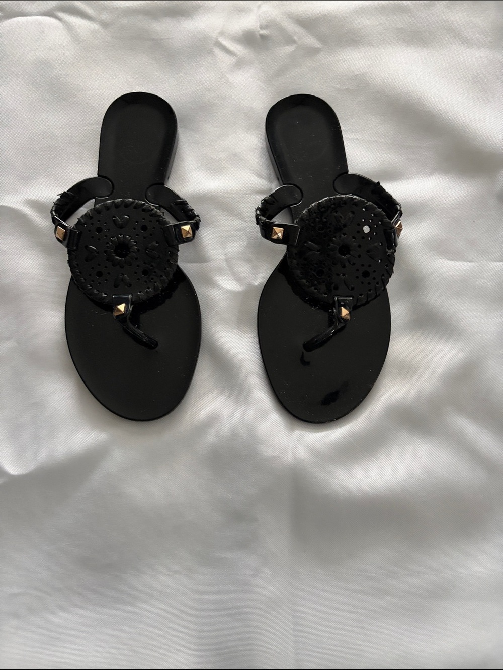 Jack Rogers Black Studded Round Medallion Thong Sandals